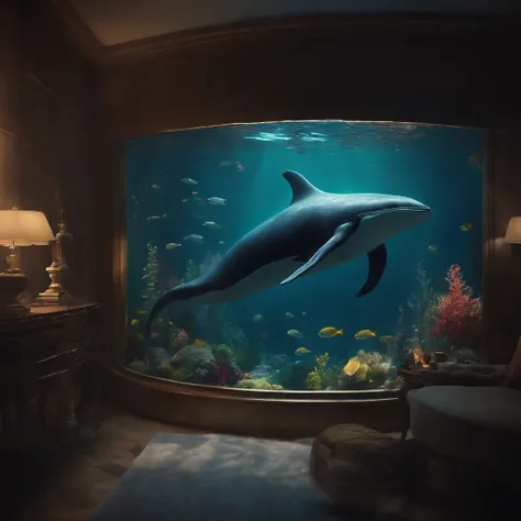 (best quality, high-res:1.2), vibrant lights, masterpiece:1.2, curated, super-detailed, high-quality, award-winning, swimming in a small fish bowl, long-whiskered whale