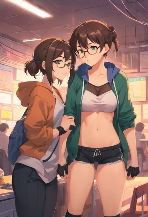 brown hair tied in messy bun, glasses, big boobs, green eyes, pointed ears, goth, black crop hoodie, black shorts, round glasses, black fishnet gloves and stockings, freckles, blushing, hentai, nsfw, sexual, having sex, big dick, porn, male x female, two p...