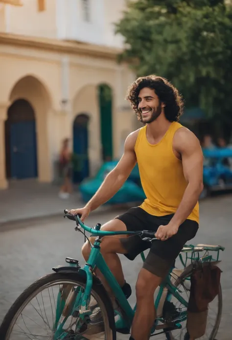 Male, Greek/Italian background, neck long black curly hair, black shorts, blue tank top, smiling, school setting, riding on a green bike