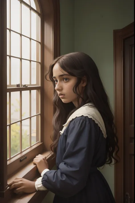 outside view of an asylum, a pre-raphaelite 17-year-old terrified black girl looking from a small closed window, year 1911