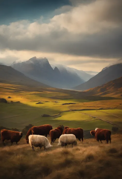 Pintura con acuarelas de un paisaje de un pastor y ovejas de la edad media. Muy detallado. Hi-Def