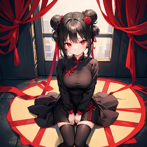 Bun head black hair、red eyes、Beautiful girl alone、qipao dress、sitting on、rose garden、Black tights