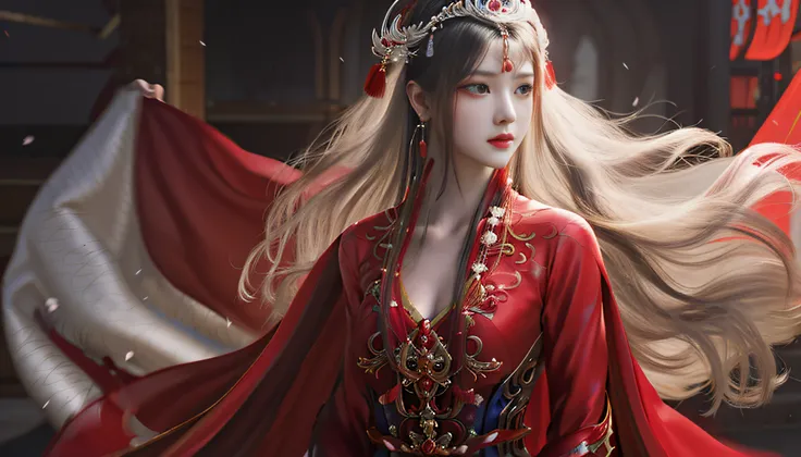 Arapei woman in red dress，Long hair and red cape, a beautiful fantasy empress, Palace ， A girl in Hanfu, portrait shooting, ((a beautiful fantasy empress)), Ross Tran 8 K, inspired by Zhang Yan, xianxia fantasy, beautiful fantasy art portrait, by Yang J, C...