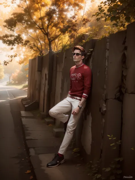 A handsom man in red, the style of patrick demarchelier. wearing a red velvet jacket and blue jeans , Tall and fit, (40 years old:1.1), (shaven:1.2), (short fine brown hair and:1.5),(very short hair:1.6). in the style of ethereal beauty, realistic blue ski...