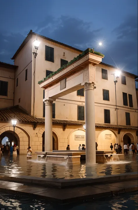 a photography of a well with two columns on its sides and a beam at the top in the middle of a city square during reinassance, the water overflows from the well, a few people are waiting with some buckets to gather some water, hyperrealism