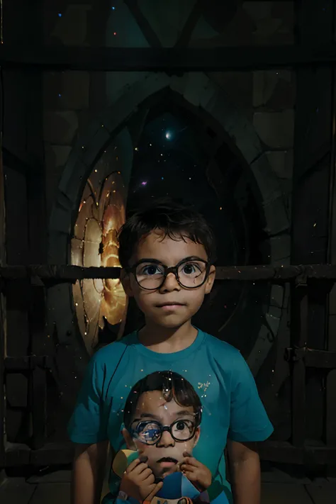 Capture a scene of a happy 3-year-old boy wearing glasses, his face full of wonder and innocence, as he stares in awe at a magic box before him. A caixa emana vibrante, luzes coloridas, Sparks, and magical rays that dance and reflect on the boys innocent f...