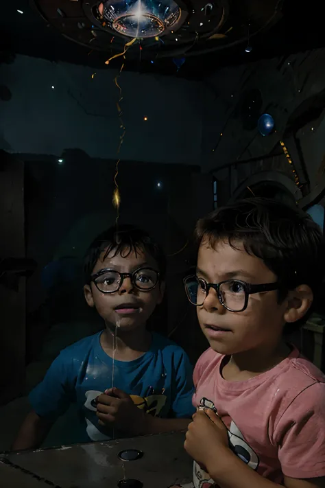 Capture a scene of a happy 3-year-old boy wearing glasses, his face full of wonder and innocence, as he stares in awe at a magic box before him. A caixa emana vibrante, luzes coloridas, Sparks, and magical rays that dance and reflect on the boys innocent f...