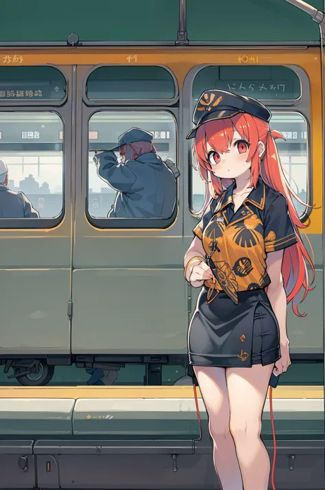 1girl in, Solo, Red hair, Red Eyes, Twin-tailed, employee uniform, pencil skirts, Skull Print, Navy Cap, Orange sky,, Outdoors, train station, Stand in front of the bus,,