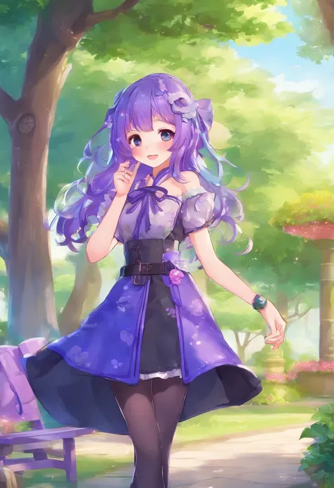 cute winking girl, blue and black dress, happy, park setting, long purple hair, purple bracelet, cute purple boots,