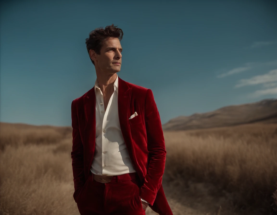 Un homme en rouge, Le style de Patrick Demarchelier. Dressed in a red velvet jacket and blue jeans , Grand et en forme, (40 ans:1.1), (shaven:1.2), (cheveux bruns courts :1.5),(very short hair:1.6). in the style of ethereal beauty, Realistic blue sky, Hass...