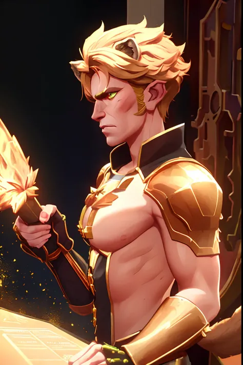 arcane style, 1boy, golden hair, gold armor, looking left, contemplative look, angry look, forest city, lion ears, lion tail, handsome, detailed eyes, detailed face, stubble, sideview, holding sword, green eyes, young facial features, good anatomy, 29 year...