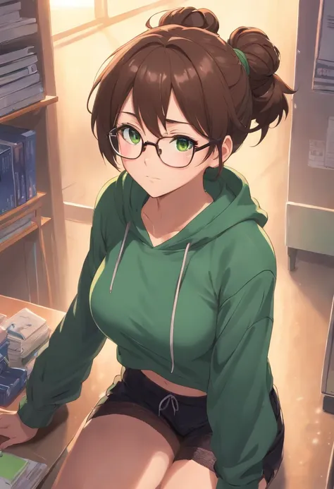 brown hair tied in messy bun, glasses, big boobs, green eyes, pointed ears, goth, black crop hoodie, black shorts, round glasses, black fishnet gloves and stockings, freckles, blushing, hentai, nsfw, sexual, having sex, big dick, porn, male x female, sex w...