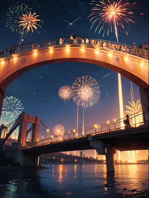 Beautiful anime scenery of amazing fireworks in night sky, in Makoto Shinkai style, star, above the bridge, car, very detailed, perfect, (masterpiece:1.3), vibrant, flawless art, cinematic