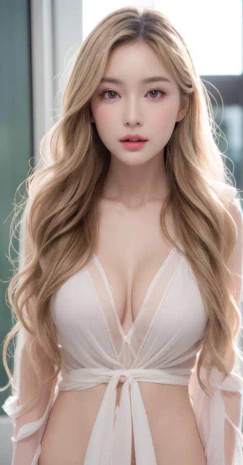 8k, Top image quality、Raw photography、超A high resolution、1 pretty girl, 18-year-old, Korean、Glasses beauty、Colossal tits:1.3、cleavage of the breast:1.3 、(transparent)、open shirt show   , ((naked)), (detailed  clothing), (detailed ), fair white skin、shiny w...