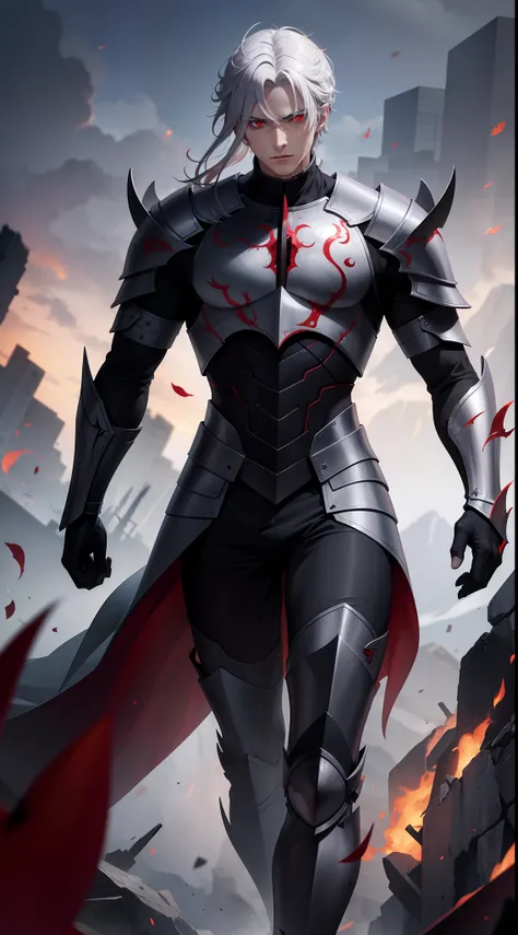 Male  with gray hair, red eyes, surounded devil flames, evil, beserk, wearing armor, lost control