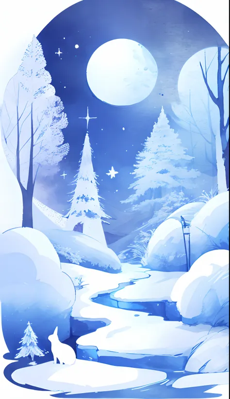 moon, tree, snow, night, full moon, scenery, painting (medium), sky, outdoors, watercolor (medium), traditional media, flower, lamppost. Hot colors