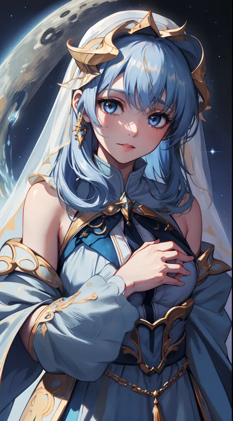 1 girl, upper body, single focus, mystical allure, celestial vestments, starry veil, (celestial: 1.4), (pleiades: 1.3), twinkling eyes, ethereal glow, cosmic aura, [depth of field, ambient lighting, ethereal foreground, star-clustered background], celestia...