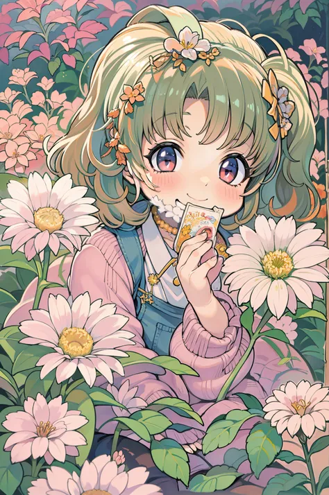 80s anime-style anime girl sitting in flower garden looking at camera, Smiling. PastelColors