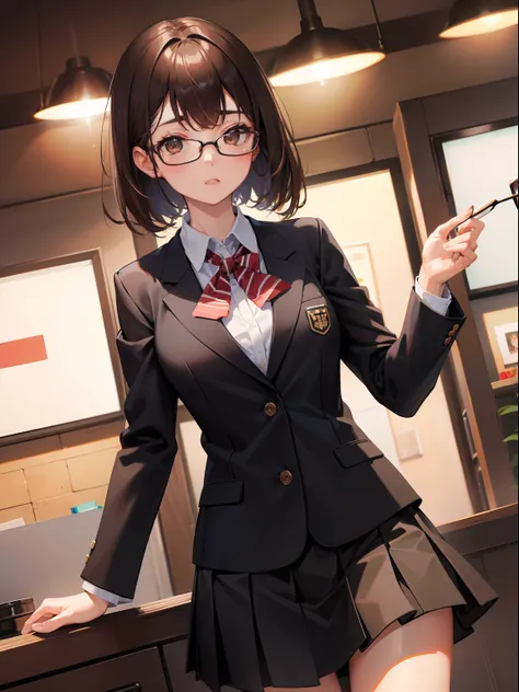 1人の女性、brown haired(Curta)、Brown eyes、Black-rimmed glasses、 Best Quality、ultra-detailliert、8K resolution、Raw photo、gorgeous faces、schools、Blazer Uniform