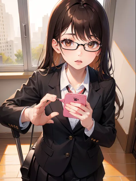 1人の女性、brown haired(Curta)、Brown eyes、Black-rimmed glasses、 Best Quality、ultra-detailliert、8K resolution、Raw photo、gorgeous faces、schools、Blazer Uniform