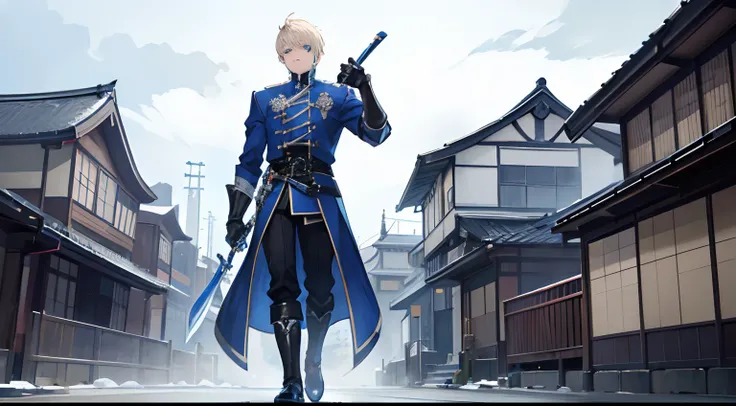 A man with short blonde hair, blue eyes, wearing a blue coat, black shoes and a pair of gauntlets, holding a blue long sword in his right hand with a traditional old fashioned Japenese house in the background in Anime art style, handsome facial features, 8...