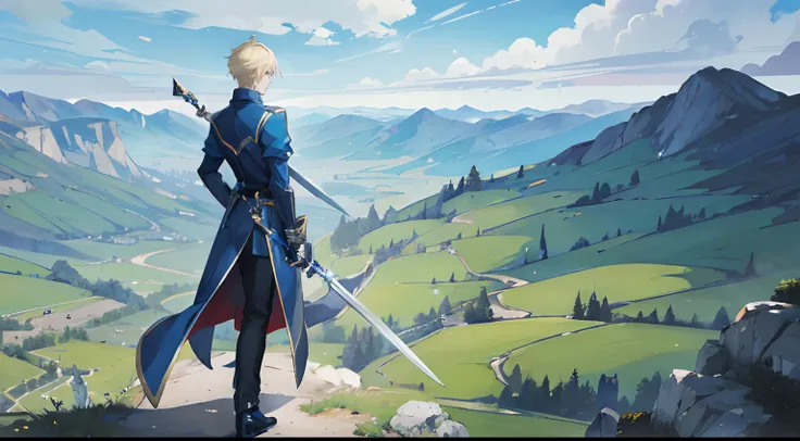 A man with short blonde hair, wearing a blue coat, black shoes and a pair of gauntlets, holding a blue long sword in his right hand, while facing at the scenery of rolling hills in the background and gazing over them, in Anime art style