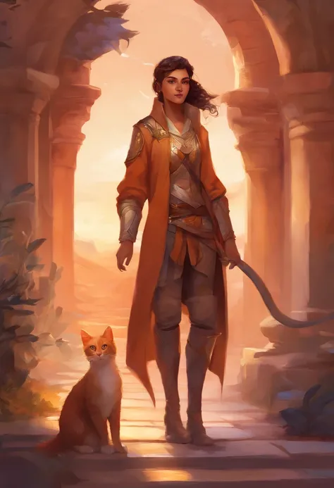 nonbinary, DND STYLE,  cat person, brown chin-length hair, reddish-orange eyes, slit eyes, 56, 107 lbs, fully clothed, leather travelers clothes