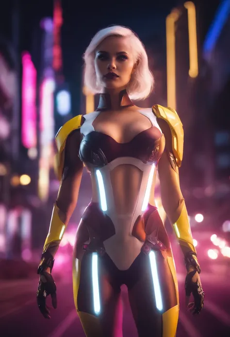 pretty, The woman, sexy face, Yellow eyes, white colored hair, shapely body, sexy pose, Pink Tights, Mecha, neon lights sign, LED Night City, overhead view, hiquality, Realistic, Beautiful light, full detailed, Black background