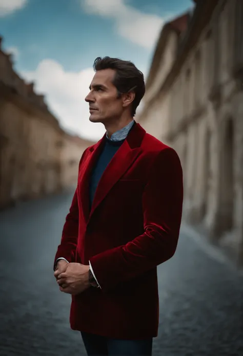 Un homme en rouge, Le style de Patrick Demarchelier. Dressed in a red velvet jacket and jeans , Grand et en forme, (40 ans:1.1), (shaven:1.2), (cheveux bruns courts :1.5),(very short hair:1.6). in the style of ethereal beauty, Realistic blue sky, Hasselbla...