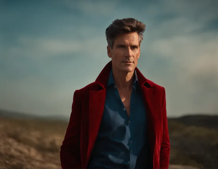 Un homme en rouge, Le style de Patrick Demarchelier. Dressed in a red velvet jacket and blue jeans , Grand et en forme, (40 ans:1.1), (shaven:1.2), (cheveux bruns courts :1.5),(very short hair:1.6). in the style of ethereal beauty, Realistic blue sky, Hass...