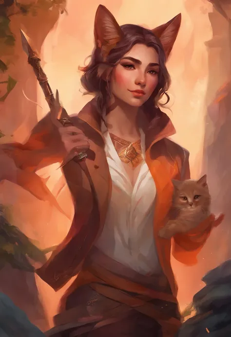 nonbinary gendered, PERSON WITH CAT EARS, dnd style, brown chin-length hair, reddish-orange eyes, slit eyes, 56, 107 lbs, fully clothed, leather travelers clothes