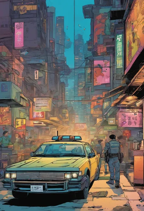 Cyberpunk style、inside in room、police officers、police cars