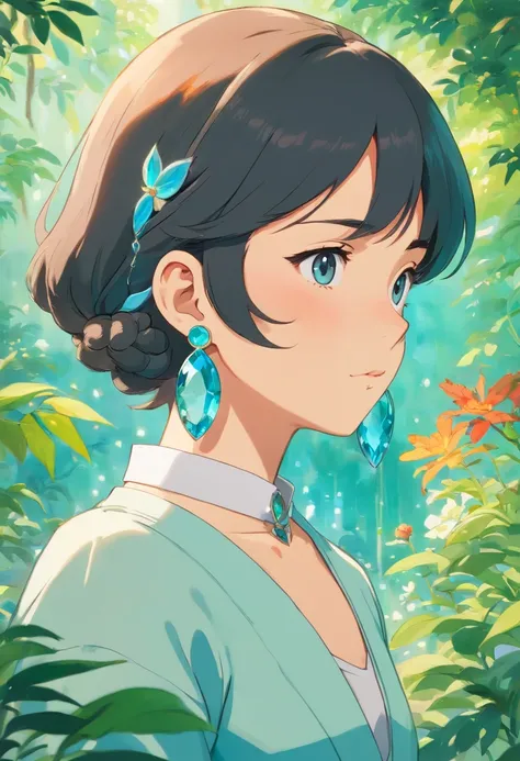 A girl wearing an anime collar, A long necklace and earrings, inthe style of tranquil gardenscapes, colorful animation stills, Masami Teraoka, aquamarine, Paul Gauguin, Amber style, Honest portrayal