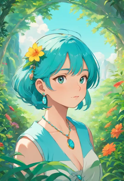 A girl wearing an anime collar, A long necklace and earrings, inthe style of tranquil gardenscapes, colorful animation stills, Masami Teraoka, aquamarine, Paul Gauguin, Amber style, Honest portrayal