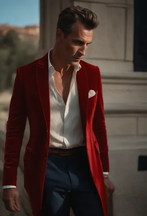 Un homme en rouge, Le style de Patrick Demarchelier. Dressed in a red velvet jacket and jeans , Grand et en forme, (40 ans:1.1), (shaven:1.2), (cheveux bruns courts :1.5),(very short hair:1.6). in the style of ethereal beauty, Realistic blue sky, Hasselbla...