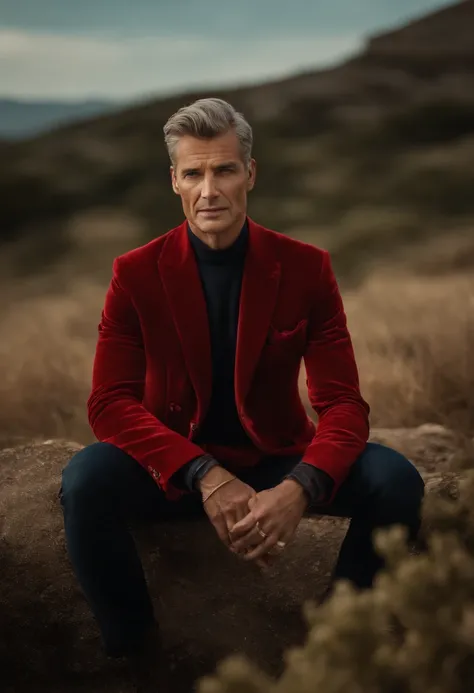 Un homme en rouge, Le style de Patrick Demarchelier. Dressed in a red velvet jacket and jeans , Grand et en forme, (40 ans:1.1), (shaven:1.2), (cheveux bruns courts :1.5),(very short hair:1.6). in the style of ethereal beauty, Realistic blue sky, Hasselbla...