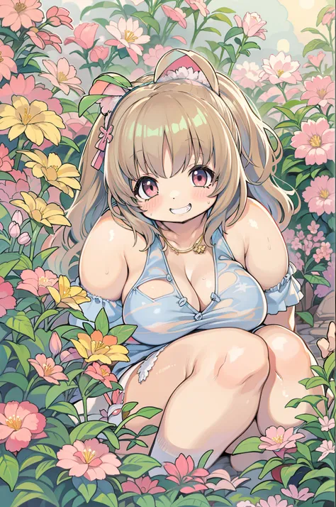 80s anime-style anime girl sitting in flower garden looking at camera, Smiling. PastelColors、huge-breasted、large boob、thick thight、bbw