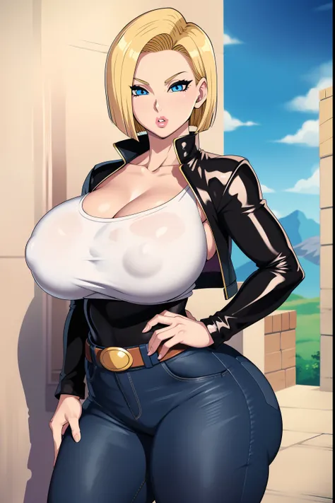 Dragon Ball, Android 18, 1girl, ((bimbo))), short blond hair, blue eyes, puffy lips, painted lips, thick lips, wide hips, thick thighs, enormous round fake breast, huge ass, kiss face, shiny skin, black leather jacket, jeans, white top,