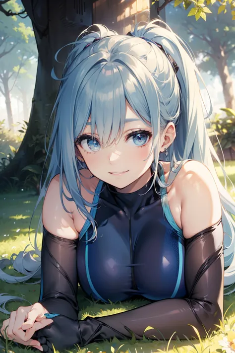 top-quality、Full limbs、complete fingers、Slender beauty、straight haired、Light blue hair、long、(Light Blue High Neck Long Sleeve Competitive Swimsuit:1.3)、The sleeves are also made of the same material as the swimsuit、(Brown pantyhose:1.3)、Light blue high hee...