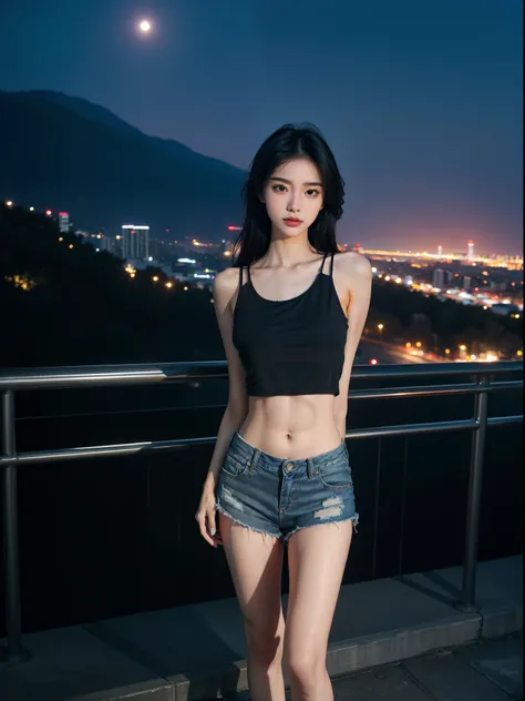 masterpiece, Best Quality, Illustration, Ultra-detailed, finely detailed, high resolution, 8K Wallpaper, Perfect dynamic composition, Beautiful detailed eyes, (masterpiece:1.2), ultrarealistic, photo of 18 yr old Girl in loose cropped dark tank top with da...