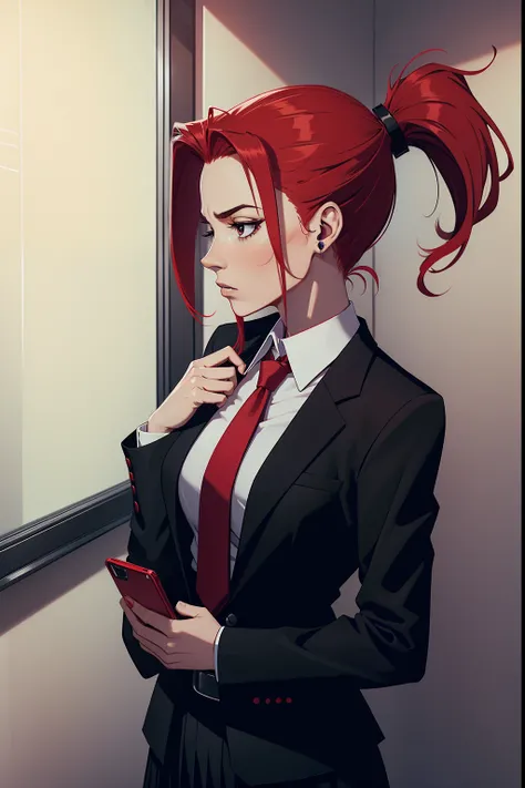 woman, red ponytail hair, wearing a black office suit, red tie,black office skirt, scared, fear, looking at a nokia cellphone, dark, no background