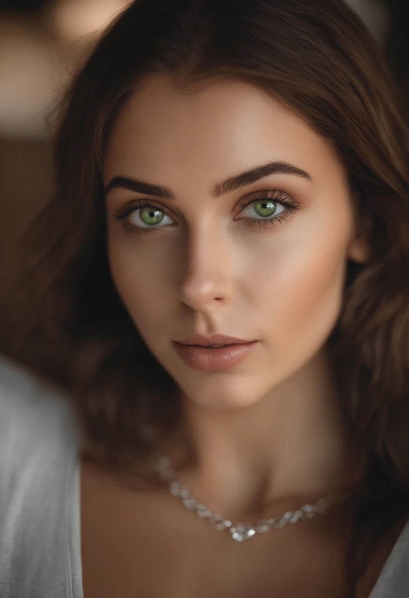 arafed woman with a white tank top and a necklace, sexy girl with green eyes, portrait sophie mudd, brown hair and large eyes, selfie of a young woman, bedroom eyes, violet myers, without makeup, natural makeup, looking directly at the camera, face with ar...