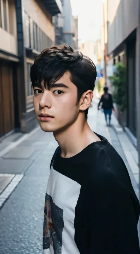 Raw photography, 1boy, Male Focus, Man in black shirt, hair messy, Looking at Viewer, in a street, Beautiful lighting, deepshadow, Best Quality, masutepiece, Ultra-high resolution, Photorealsitic, Blurry background、japanes、３０generation