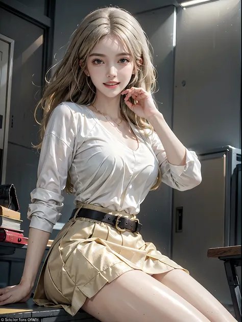 ((full body)), ((from below)), ((realistic)), 1girll, posed for photo, inside in room, desks, Sit Pose, pretty legs, The upper body leans forward slightly, looking at viewert, Detailed scenes, curlies, Air bangs, Beautiful hair accessories, Brownish-yellow...