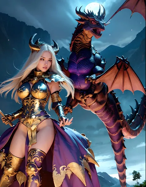 Professional , ​masterpiece、top-quality、photos realistic , depth of fields 、（Dragon Blue Metal Body:1.9),(Enamel purple、Night World、a moon、（cleavage of the breast）、Mystical expression、Dragon Gold Weapon、（Red Micro Bikini Armor:1.2),Gorgeous gold weapons ,P...