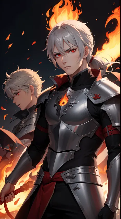 Adult male with gray hair tied up in ponytail, red eyes, surounded by dark flames, evil, beserk, wearing beserk armor, devil, fire bending, handsome, (one male)