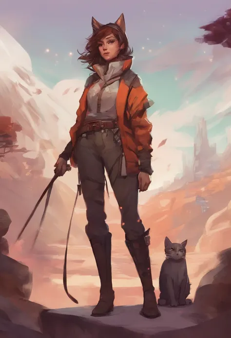 nonbinary gendered, PERSON WITH CAT EARS, dnd style, brown chin-length hair, reddish-orange eyes, slit eyes, 56, 107 lbs, fully clothed, leather travelers clothes