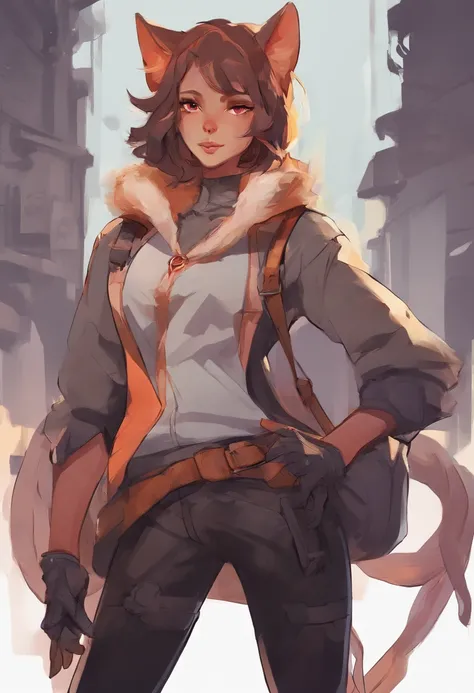 nonbinary gendered, PERSON WITH CAT EARS, dnd style, brown chin-length hair, reddish-orange eyes, slit eyes, 56, 107 lbs, fully clothed, leather travelers clothes