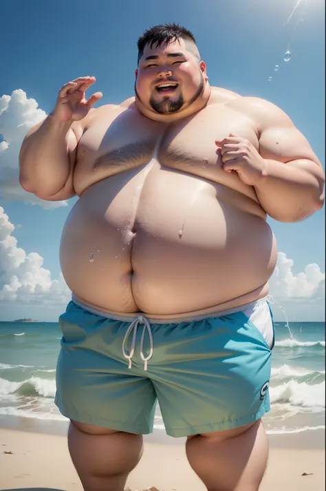 Cute fat man，Barefoot，standing on the sea side，Raise your feet to splash，swim trunks，Marshmallow Boy，No body hair，Asian face，With a smile on his face，Light shines on the skin，Very erotic，surfing，There are 2，spray