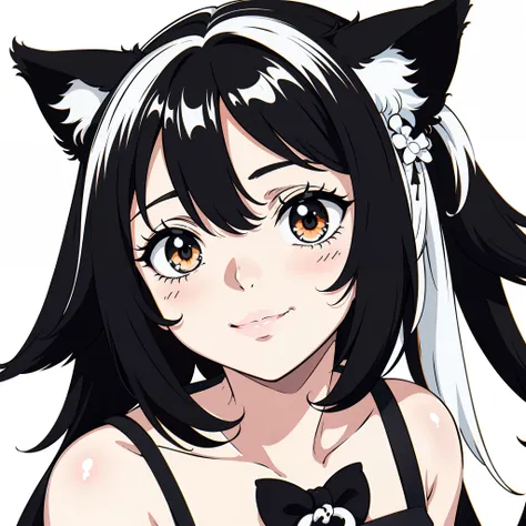 A nonchalant expression, Black and white, Messy tassels, Hair is moderately messy, seductive appearance, Black and white,Black and white painting,White background,Positive face,cat ear,Cheerful and happy vistas